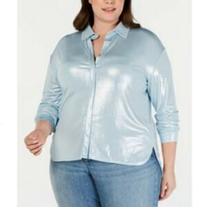 INC International Hidden Button Up High Low Blouse Shimmer Blue Size 0X